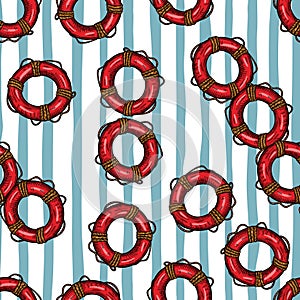 Vintage lifebuoy with rope sketch seamless pattern. Hand drawn life ring in engraving style wallpaper