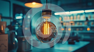 Vintage light bulb in a dimly lit industrial environment