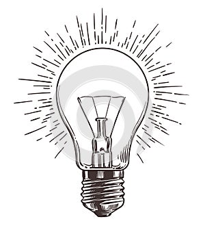 Vintage light bulb in engraving style. Hand drawn retro lightbulb with illumination for idea concept. Vector