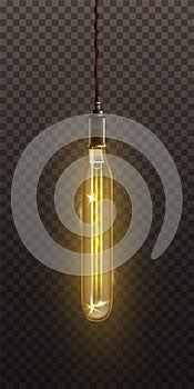 Vintage light bulb hanging on filament. Retro decor design vector illustration. Antique yellow glowing lantern in glass