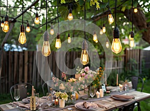 vintage light bulb hanging from grape tree for decoration outdoor garden.