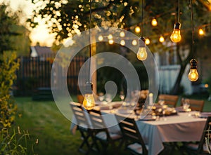 vintage light bulb hanging from grape tree for decoration outdoor garden.