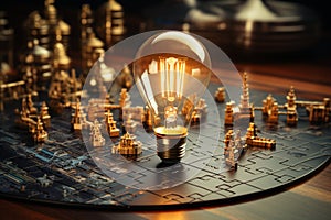 Vintage light bulb and wooden jigsaws - idea, innovation, teamwork Text space