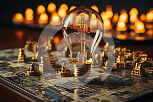 Vintage light bulb and wooden jigsaws - idea, innovation, teamwork Text space