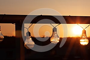 Vintage light bulbs on a the sunset background - Solar power concept