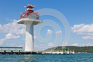 Vintage lighthouse over ocean skyline