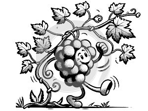 vintage line art Simple, funny cartoon animation grape vine walks merrily. Vector, generative ai. photo