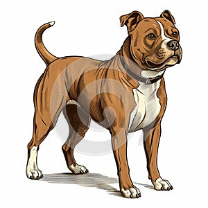 Vintage Line Engraving Of Brown Pit Bull Dog On White Background