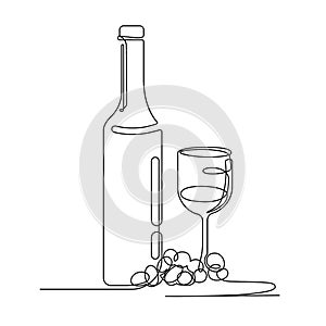 Vintage linear design template with one line botle of wine, glass and grape for decoration design.