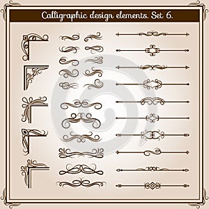 Vintage linear vector ornate decorative elements. Retro flourish line dividers, corners and swirls for page decoration