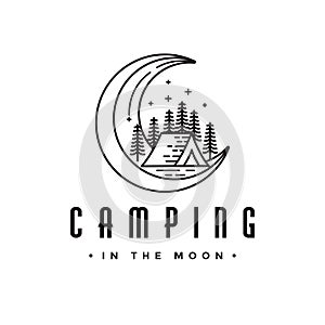 Vintage lineart Camping outdoor adventure logo, camping in the moon logo icon vector template