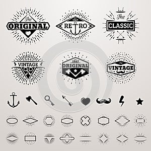 Vintage lines insignia set with star burst. Vector hipster printing bursting retro logo collection