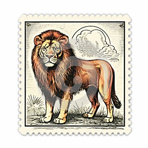 Vintage Lion Postage Stamp: Minimalist 17th Century Illustration
