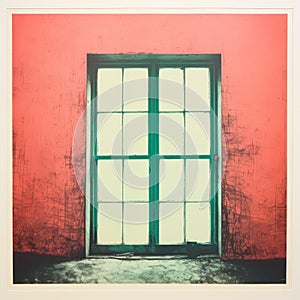 Vintage Lithograph Style Photo: Green Window On Pink Wall