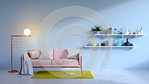 Vintage living room interior ,blue room and pink sofa .3d render