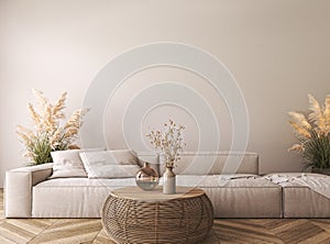 Vintage living room interior in light pastel colors. Home mockup. Design Scandi Boho style. 3d render. High quality 3d