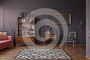 Vintage living room interior with a patterned rug, cupboard, golden frame on the wall, chair and wall molding