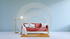 Vintage living room,red sofa on white floor and light blue wall ,3d render