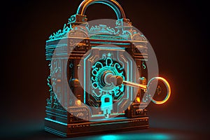 A vintage lock and key hologram that captures the essence of a bygone era with its intricate details and timeless design,