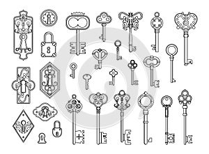 Vintage locks and keys. Sketch keyhole, victorian style padlock. Medieval or antique door hole, old decor security