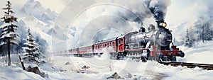 Vintage locomotive in snow forest. Watercolor Illustration. Banner. Christmas and New year concept