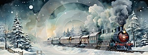 Vintage locomotive in snow forest. Watercolor Illustration. Banner. Christmas and New year concept