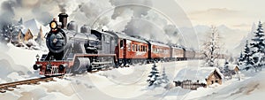 Vintage locomotive in snow forest. Watercolor Illustration. Banner. Christmas and winter concept
