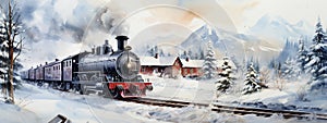 Vintage locomotive in snow landscape. Watercolor Illustration. Banner. Christmas and winter concept