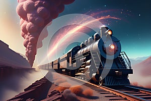 Vintage locomotive surging towards the viewpoint on an ethereal superhighway photo