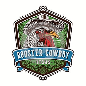 Vintage logo emblem valiant rooster wearing cowboy hat on classic ornament