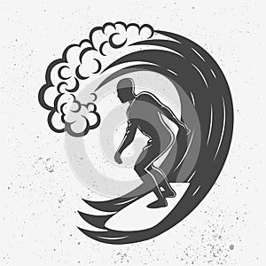 Vintage logo. Men surfing on big wave. Surfboard. Surf logotype