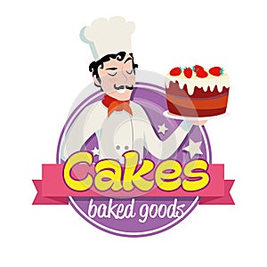 Vintage logo. Smiling italian man in a cook cap with cake.