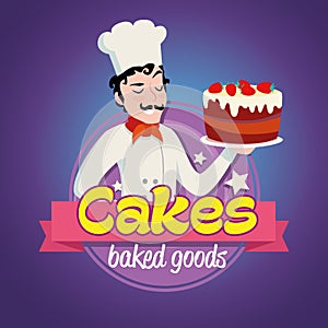 Vintage logo. Smiling man in a cook cap with cake.