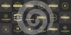 Vintage logos and monograms set elegant flourishes line art graceful ornaments victorian style vector template design