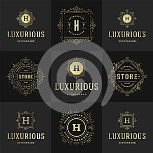 Vintage logos and monograms set elegant flourishes line art graceful ornaments victorian style vector template design