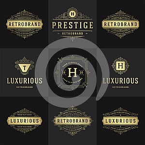 Vintage logos and monograms set elegant flourishes line art graceful ornaments victorian style vector template design