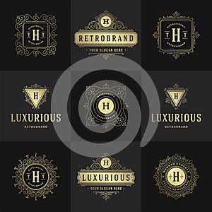 Vintage logos and monograms set elegant flourishes line art graceful ornaments victorian style vector template design