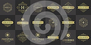 Vintage logos and monograms set elegant flourishes line art graceful ornaments victorian style vector template design