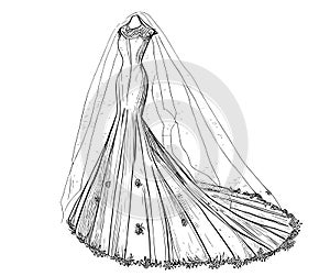 Vintage long wedding dress with veil on a mannequin sketch drawn in ink.