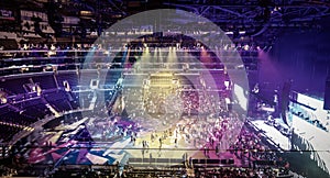 Vintage look of Big Concert with Huge Stage & Screens for Crowd with light show in Black & White