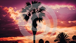 A vintage-looking palm tree with slender trunk and large leaves