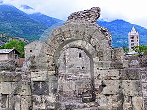 Vintage looking Ruins of the Roman Theatre in Aoste Italy