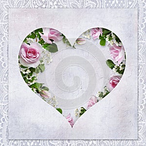 Vintage love background with frame in the form of heart, beautiful roses and place for text