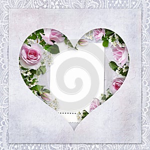 Vintage love background with frame in the shape of heart, beautiful roses, card for text or photo