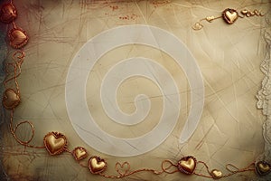 Vintage Love: Golden Heart Ornaments on Aged Paper Background