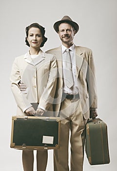 Vintage loving couple leaving for honeymoon