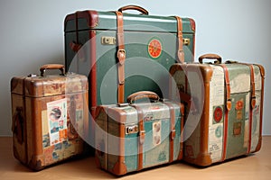 vintage luggage set with travel stickers and labels