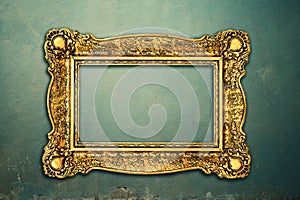 Vintage luxury golden frame with ornate baroque decoration on rustic textured wall background