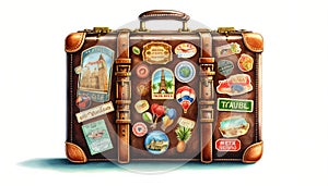 a vintage luxury suitcase, adorned with travel stickers from various exotic locations, symbolizing the allure and excitement of