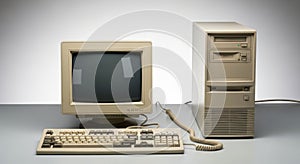 Vintage macintosh computer system from the early computing era displayed together